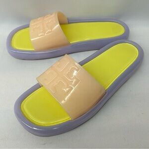 Tory Burch Slides Slip On Sandals Pastel Peach Yellow Footbed Lavender Sole 11